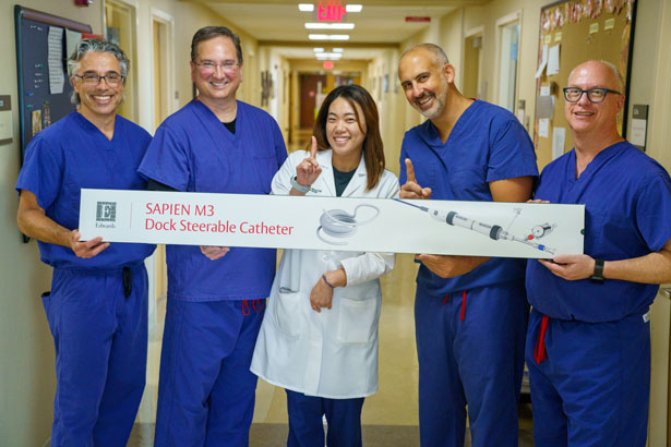 Members of Englewood Hospital’s Structural Heart and Valve team (from left): Bernard Baez, MD; William Lyons, MD; Anna Ha, APN; Ramin Hastings, MD; and Adam Arnofsky, MD.